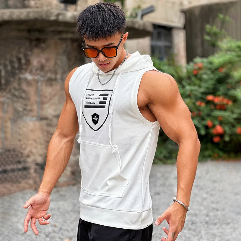 Hooded Print Cotton Gyms Clothing Mens Bodybuilding Tank Top Sleeveless Vest Sweatshirt Fitness Workout Sportswear Tops Male