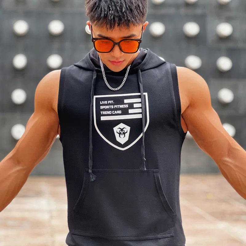 Hooded Print Cotton Gyms Clothing Mens Bodybuilding Tank Top Sleeveless Vest Sweatshirt Fitness Workout Sportswear Tops Male