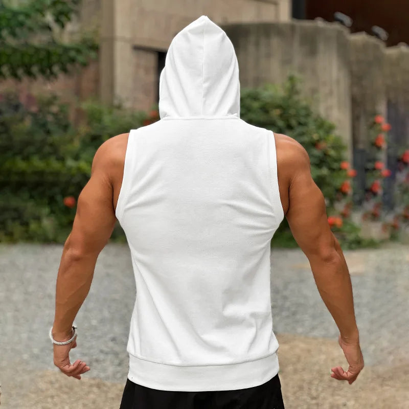 Hooded Print Cotton Gyms Clothing Mens Bodybuilding Tank Top Sleeveless Vest Sweatshirt Fitness Workout Sportswear Tops Male