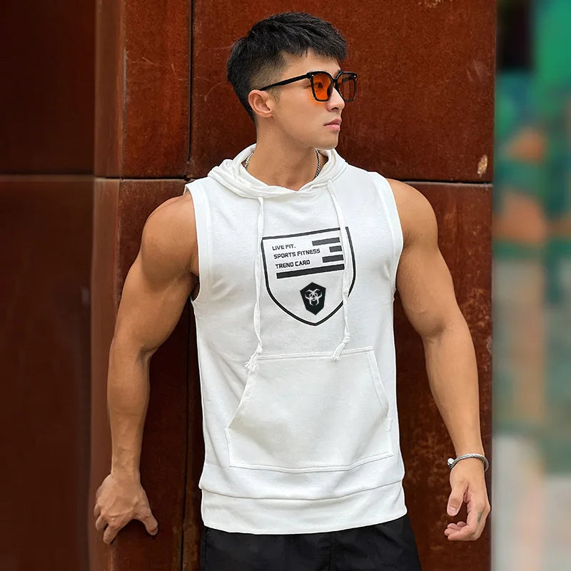 Hooded Print Cotton Gyms Clothing Mens Bodybuilding Tank Top Sleeveless Vest Sweatshirt Fitness Workout Sportswear Tops Male