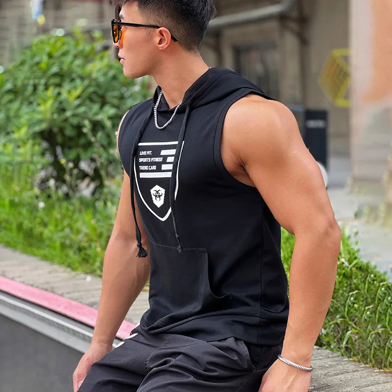 Hooded Print Cotton Gyms Clothing Mens Bodybuilding Tank Top Sleeveless Vest Sweatshirt Fitness Workout Sportswear Tops Male