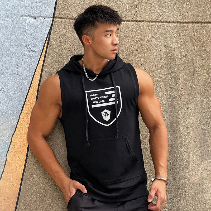 Hooded Print Cotton Gyms Clothing Mens Bodybuilding Tank Top Sleeveless Vest Sweatshirt Fitness Workout Sportswear Tops Male