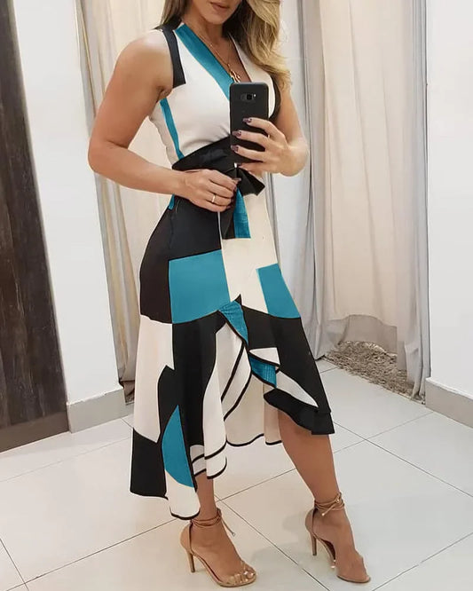 Women's V-neck Sleeveless Contrasting Print Dress Summer Casual Fashion Front Short Back Long Dress
