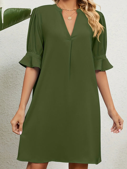 2023 European and American Cross border Foreign Trade Summer New Solid V-Neck Loose Pleated 5/4 Sleeve Dress for Women