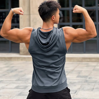 Hooded Print Cotton Gyms Clothing Mens Bodybuilding Tank Top Sleeveless Vest Sweatshirt Fitness Workout Sportswear Tops Male