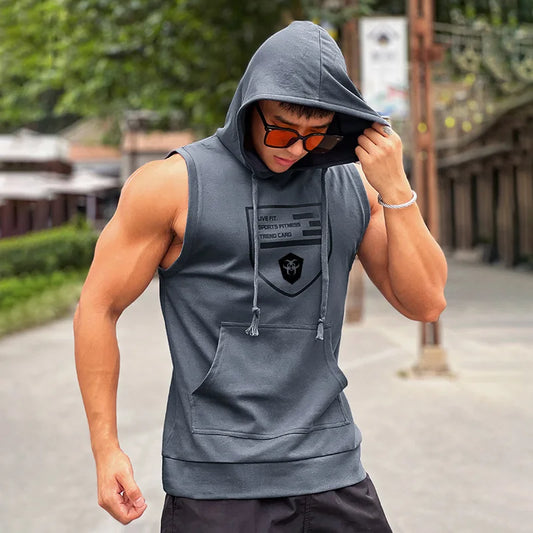 Hooded Print Cotton Gyms Clothing Mens Bodybuilding Tank Top Sleeveless Vest Sweatshirt Fitness Workout Sportswear Tops Male