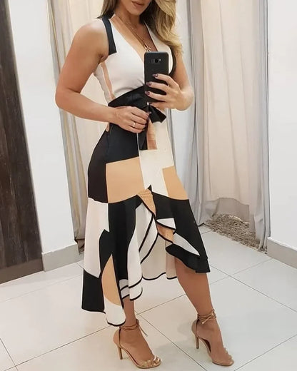 Women's V-neck Sleeveless Contrasting Print Dress Summer Casual Fashion Front Short Back Long Dress