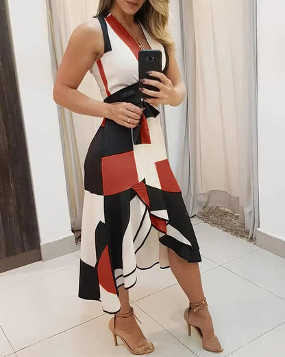 Women's V-neck Sleeveless Contrasting Print Dress Summer Casual Fashion Front Short Back Long Dress