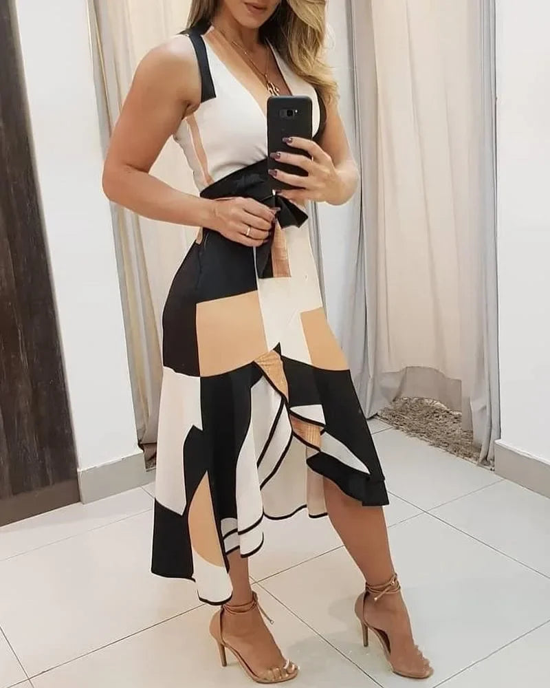 Women's V-neck Sleeveless Contrasting Print Dress Summer Casual Fashion Front Short Back Long Dress