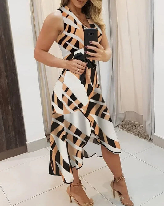 Women's V-neck Sleeveless Contrasting Print Dress Summer Casual Fashion Front Short Back Long Dress